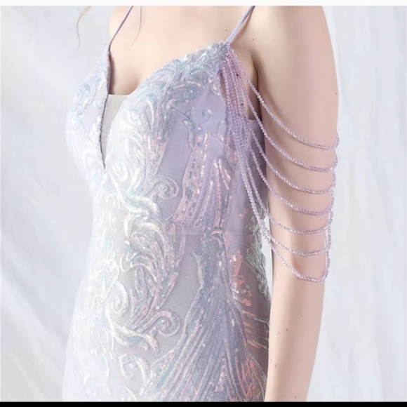 Purple, Abstract Print, Beaded Draped Sleeves,  Backless,  Sequined Mermaid Gown - Picture 11 of 14
